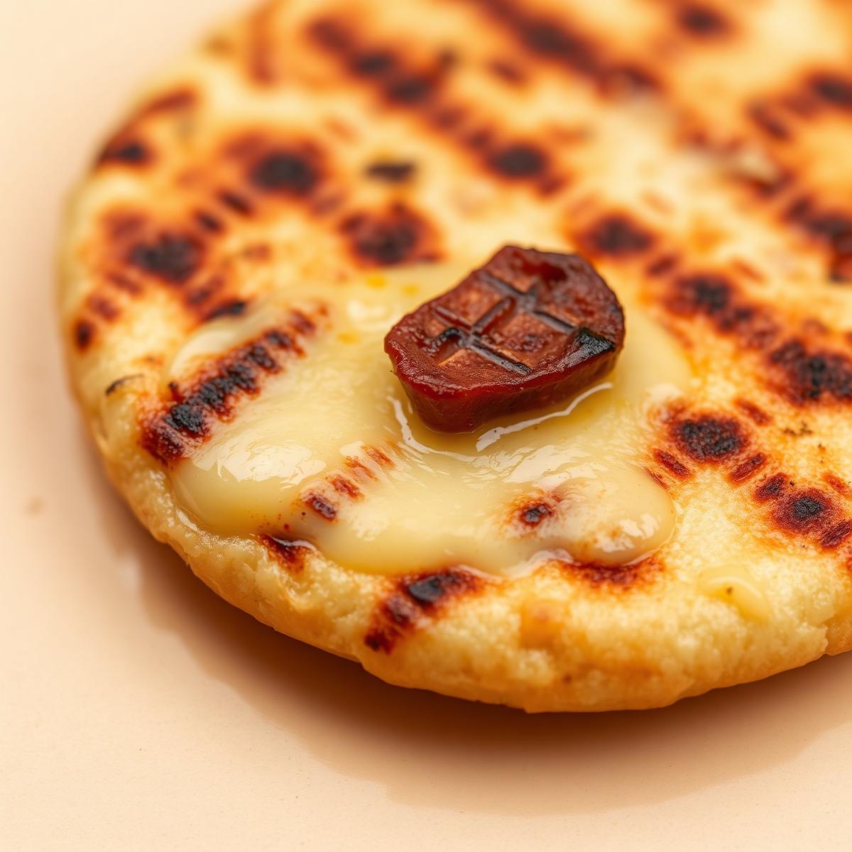 Close-up of a grilled Colombian arepa with melted cheese and chorizo