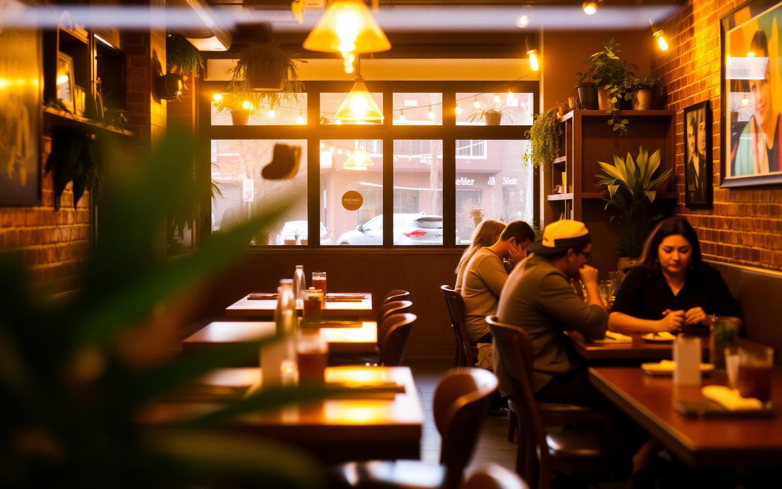 Warm dining room at Norley's with brick walls, wooden tables and golden lighting